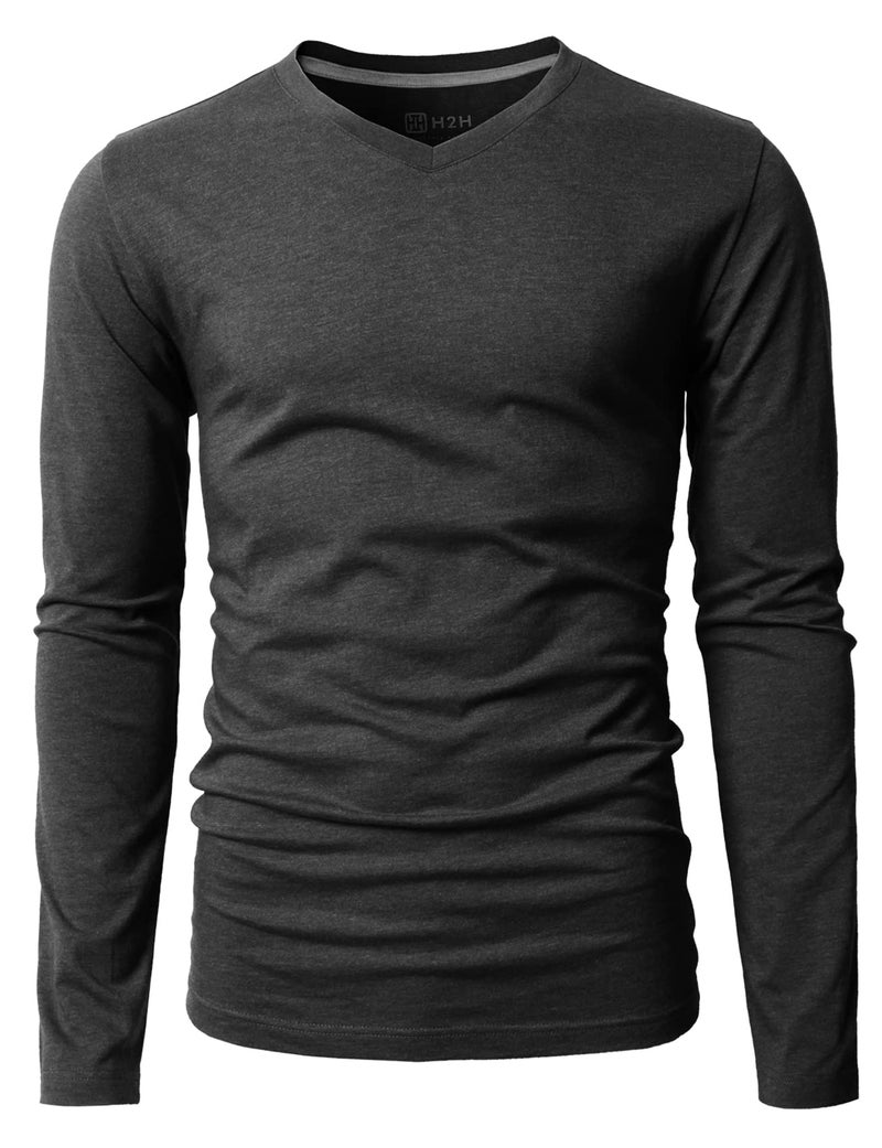 H2H Comfortably Stylish Mens V-Neck Long Sleeve Slim Fit T-Shirts Charcoal US M/Asia L (KMTTL0374) - Image 2